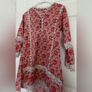 Pakistan Red Floral Lace Trim Kurti | Size XXS